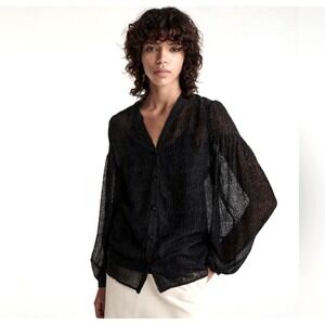 The Kooples Paris Moon Dots Black Burnout Sheer Silk Blouse‎ Puff Sleeve Size 6